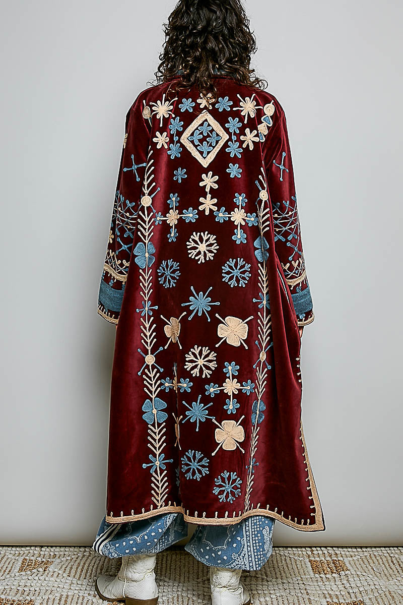 POL Embroidered Velvet Duster Coat