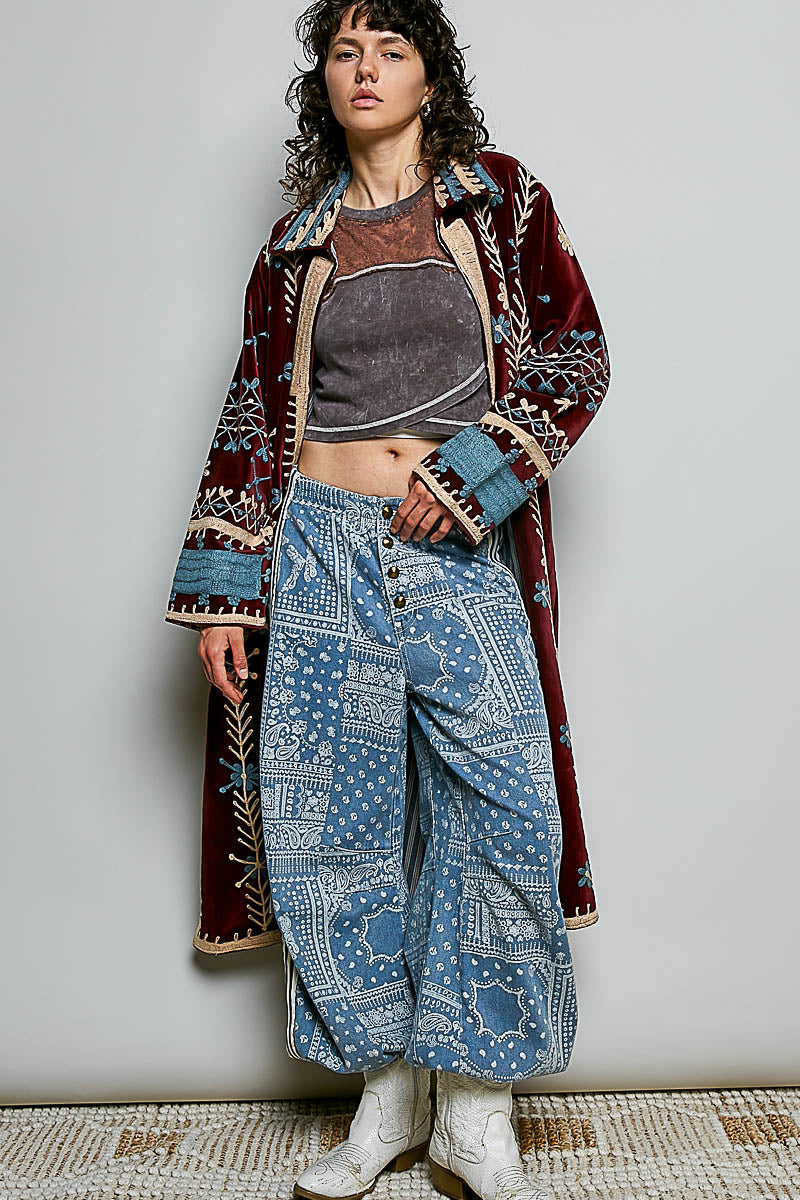 POL Embroidered Velvet Duster Coat