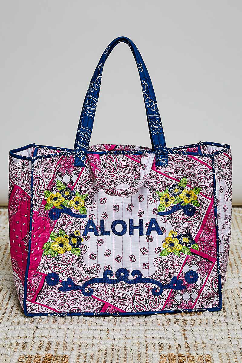 POL “ALOHA” EMBROIDERY ACCENTED QUILTED TOTE BAG