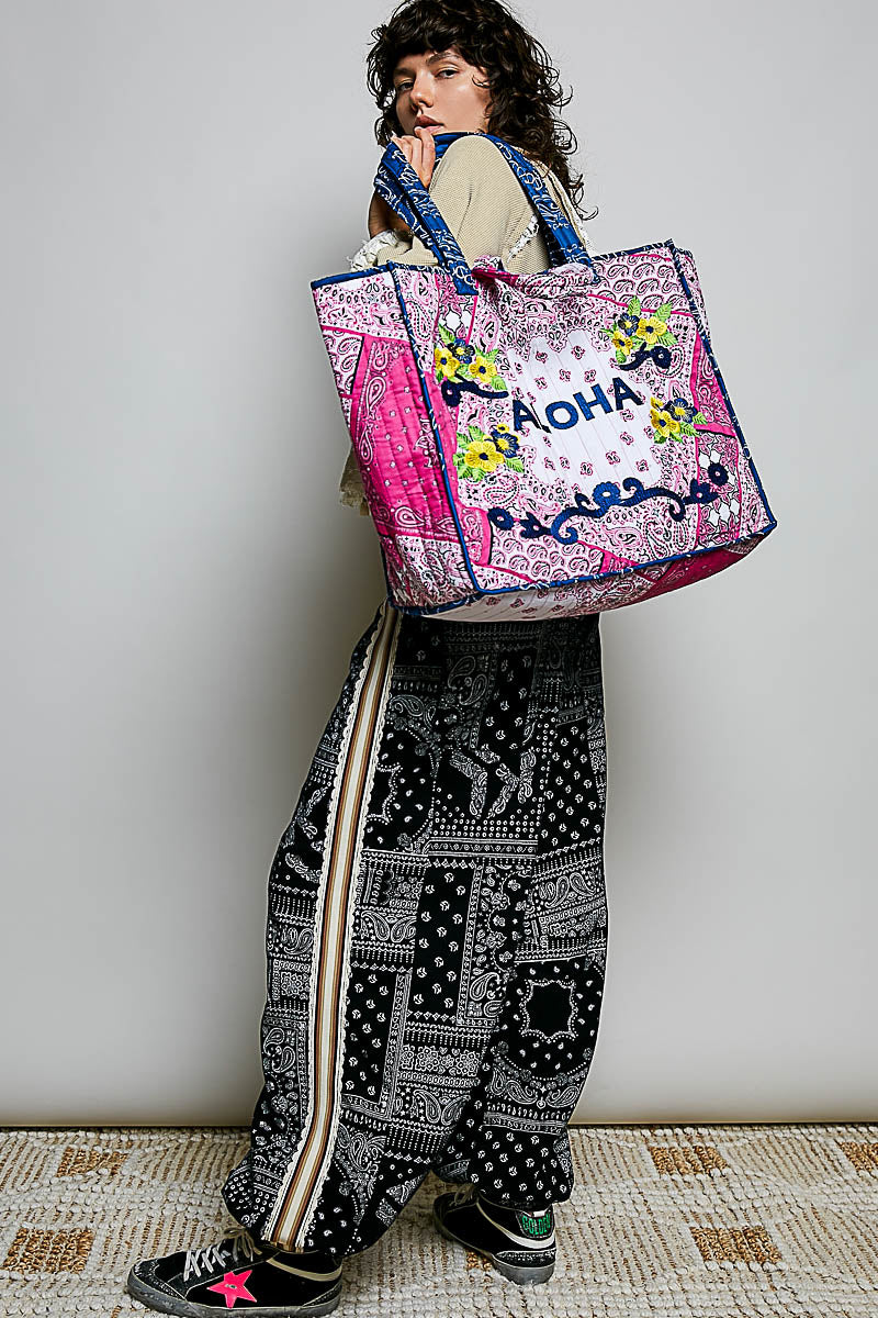 POL “ALOHA” EMBROIDERY ACCENTED QUILTED TOTE BAG