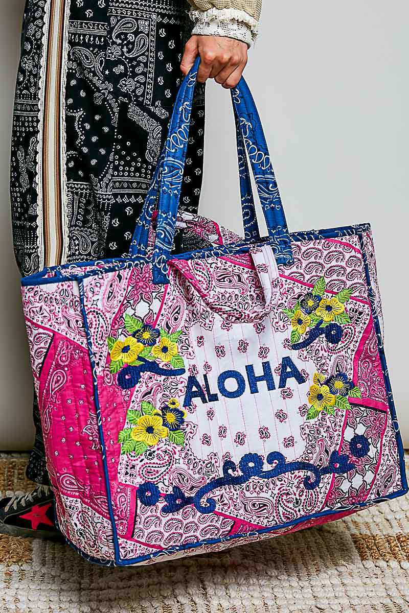 POL “ALOHA” EMBROIDERY ACCENTED QUILTED TOTE BAG