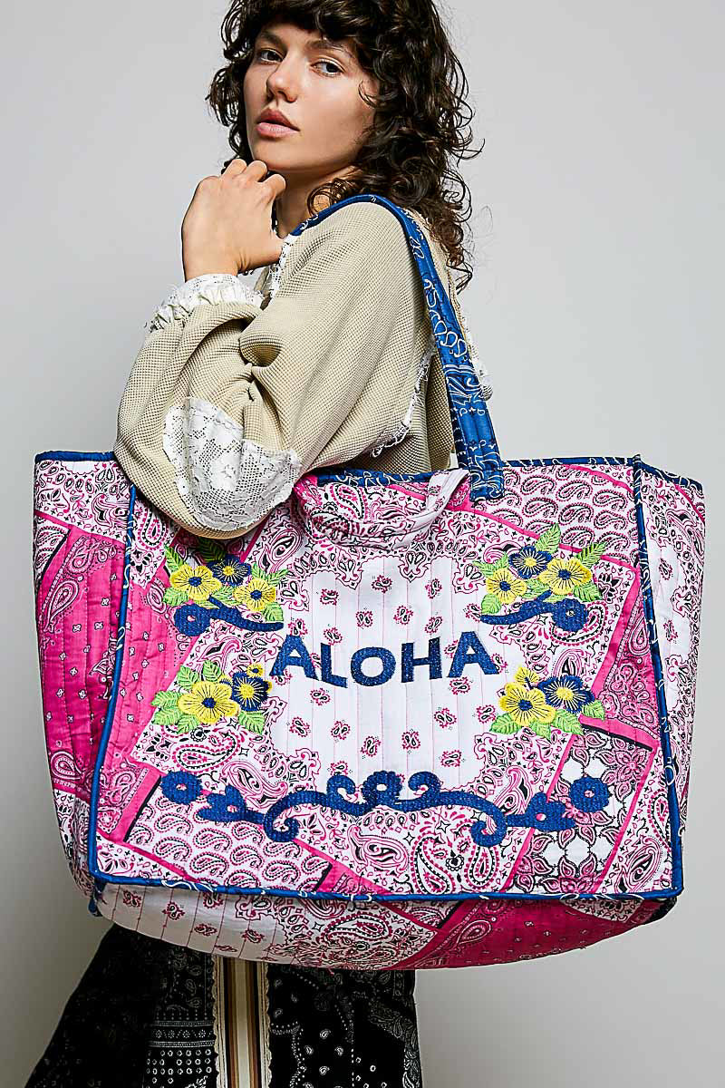 POL “ALOHA” EMBROIDERY ACCENTED QUILTED TOTE BAG