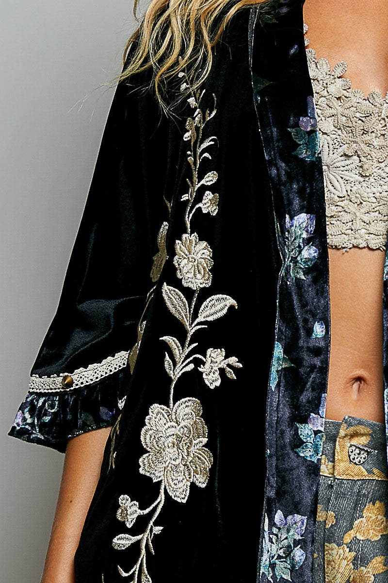 POL Velvet Floral Embroidered Cardigan