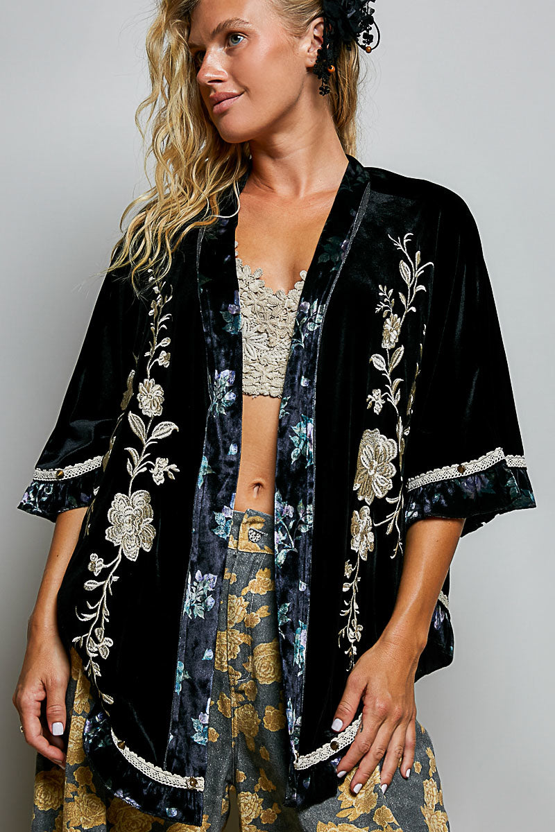 POL Velvet Floral Embroidered Cardigan