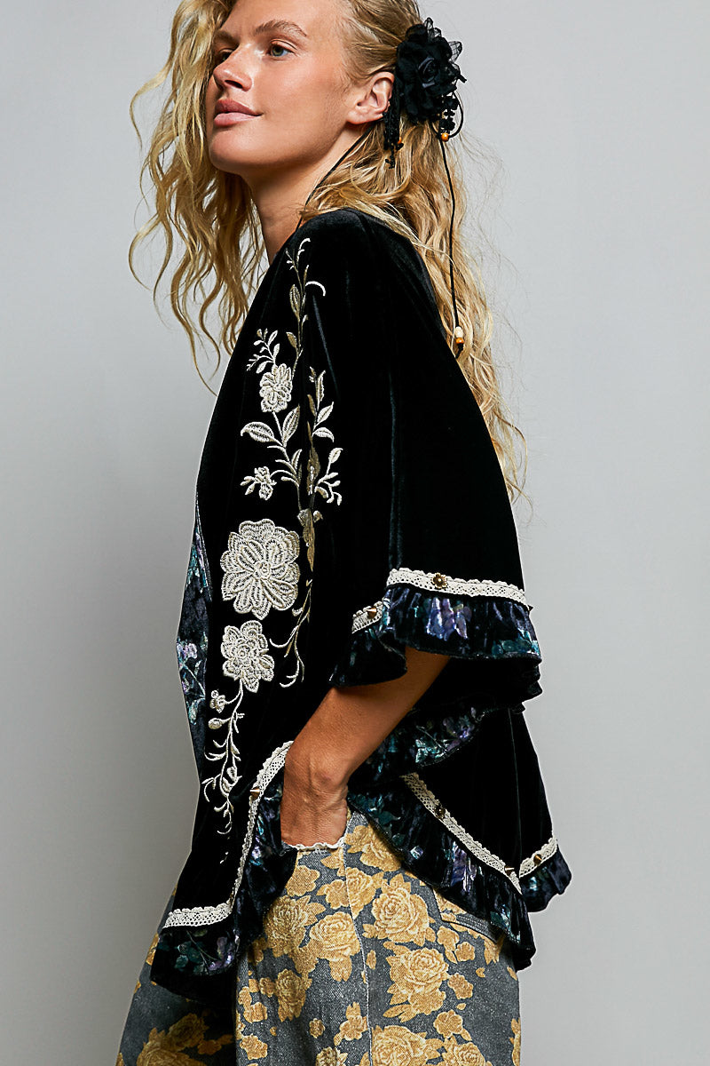 POL Velvet Floral Embroidered Cardigan