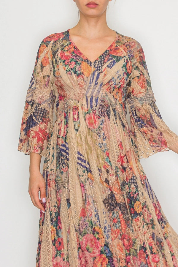 ORIGAMI APPAREL All Lace Bell-Sleeved Lined Bold Fl Dress