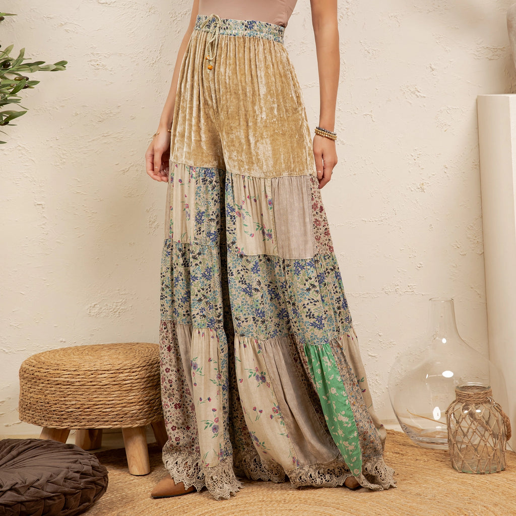 YOUNG THREAD Boho Tiered Patchwork Flare Pant Velvet Drawstring Waist