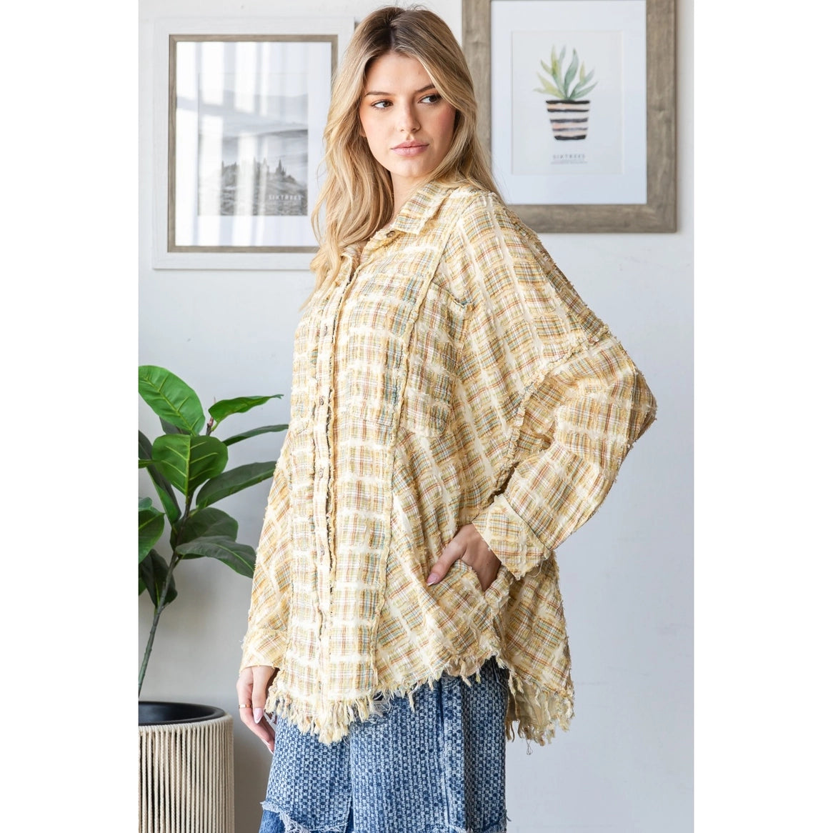 OLI & HALI Washed Plaid Mixed Button Down Shirt Top