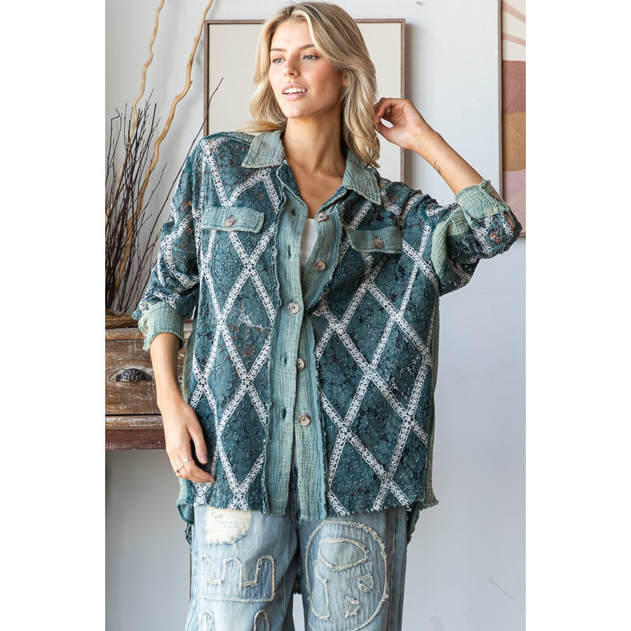 OLI & HALI Mineral Washed Button Down Lace Top