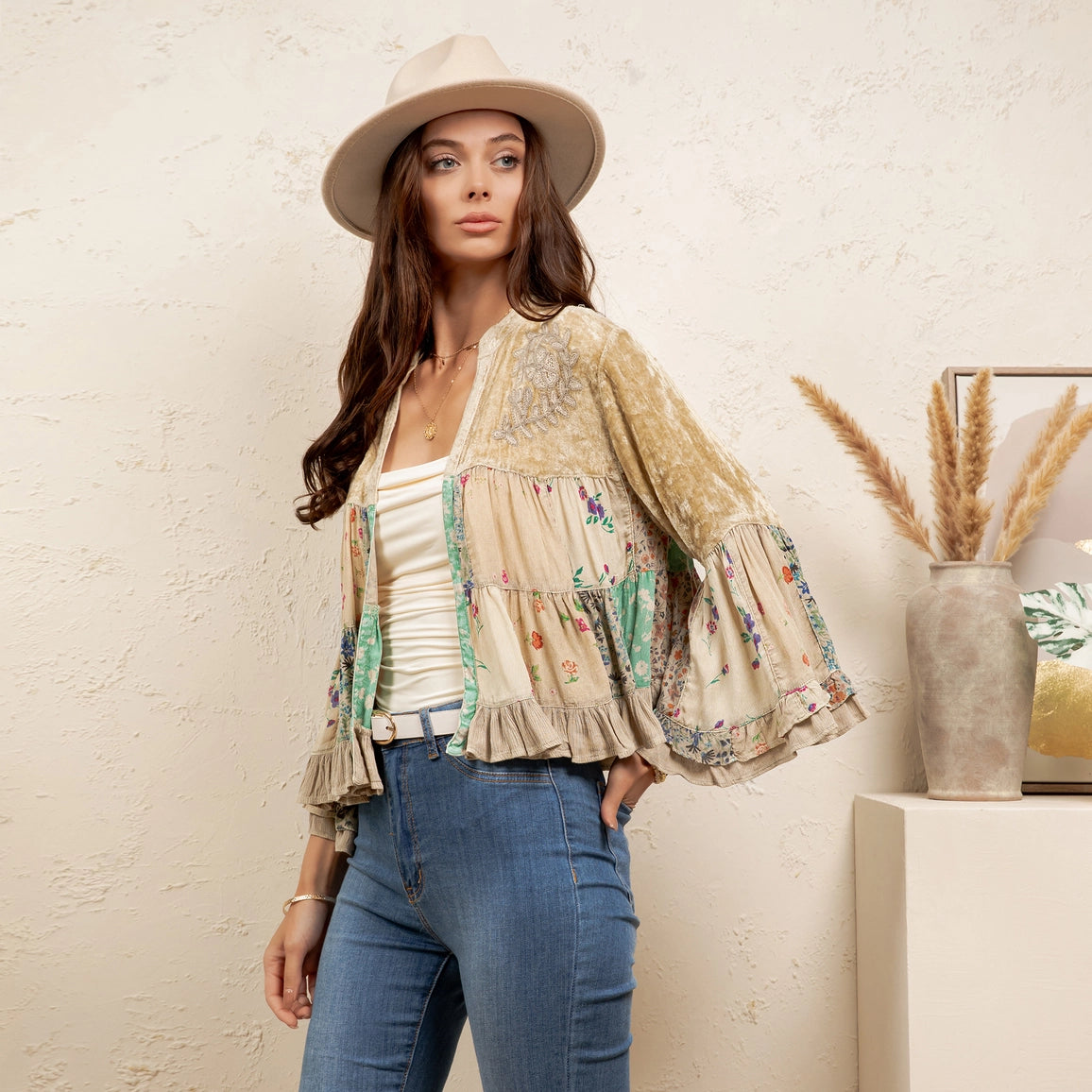 YOUNG THREAD Vintage Floral Patchwork Cropped Shrug - Ruffle Sleeve
