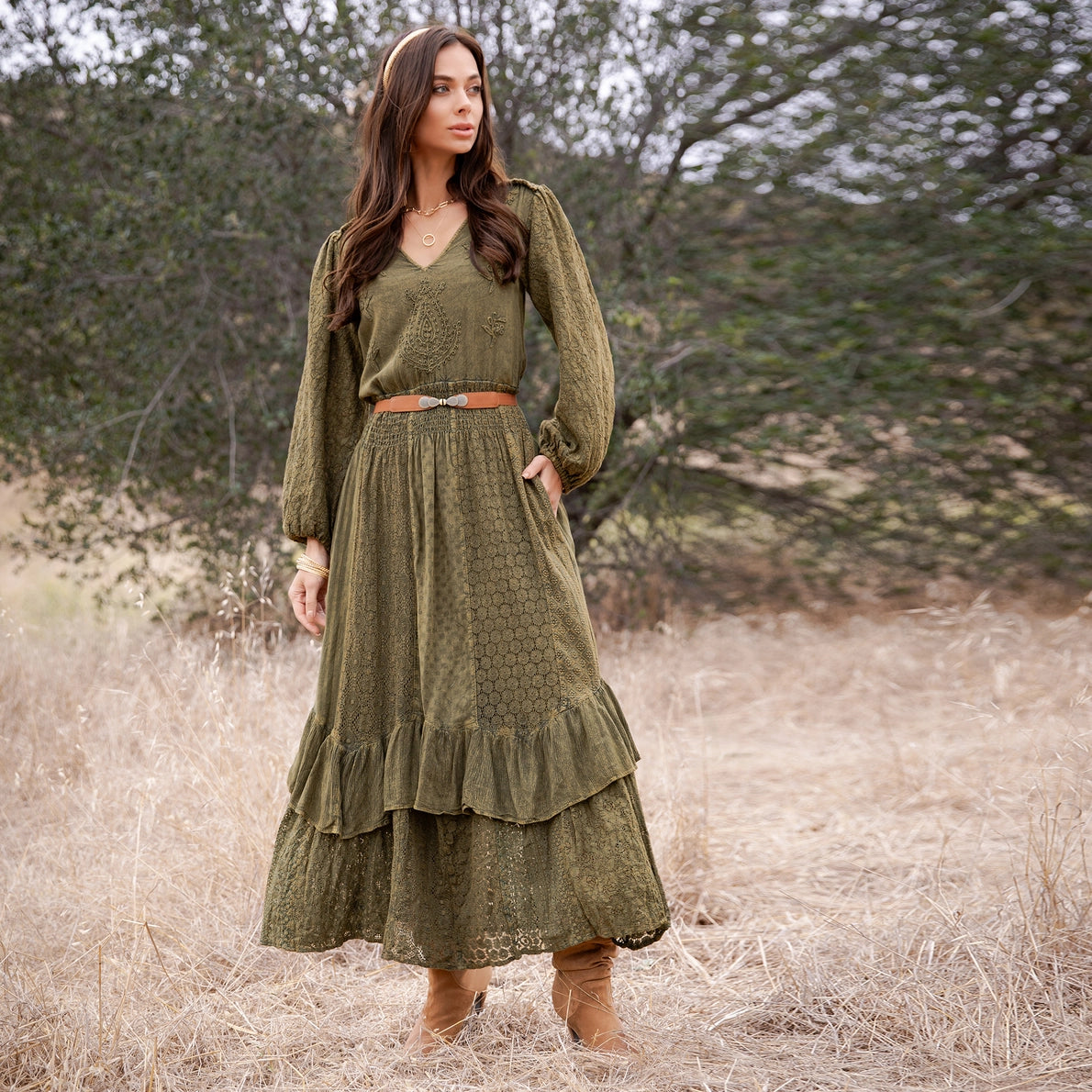 YOUNG THREAD Boho Embroidered Smocked Waist Ruffle Hem Maxi Dress