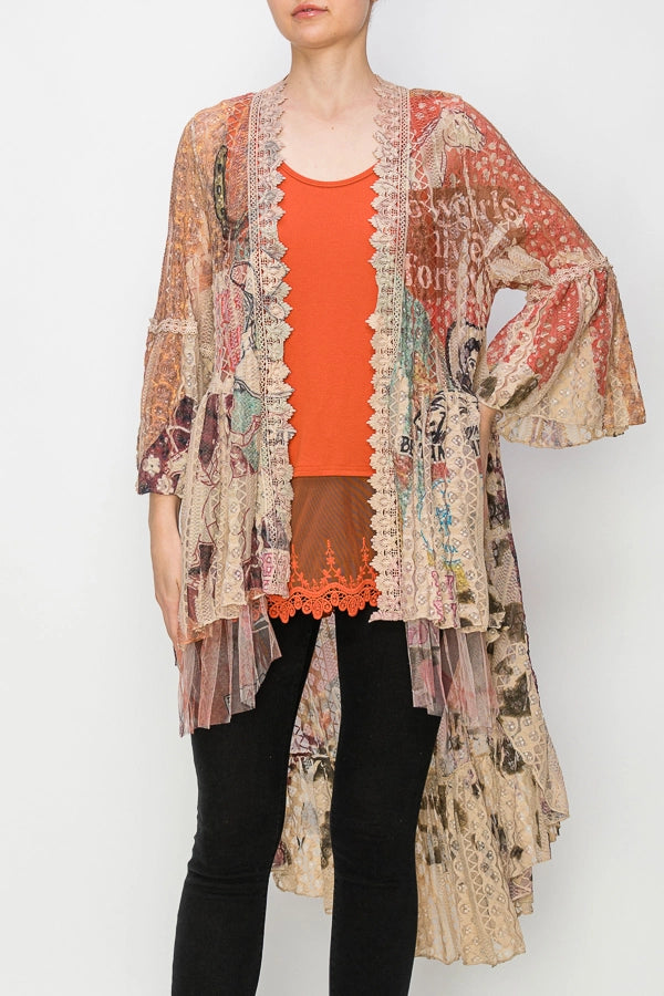 ORIGAMI & APPAREL Ethereal Lace Tiered High-Low Kimono Cardigan Taupe/Howdy