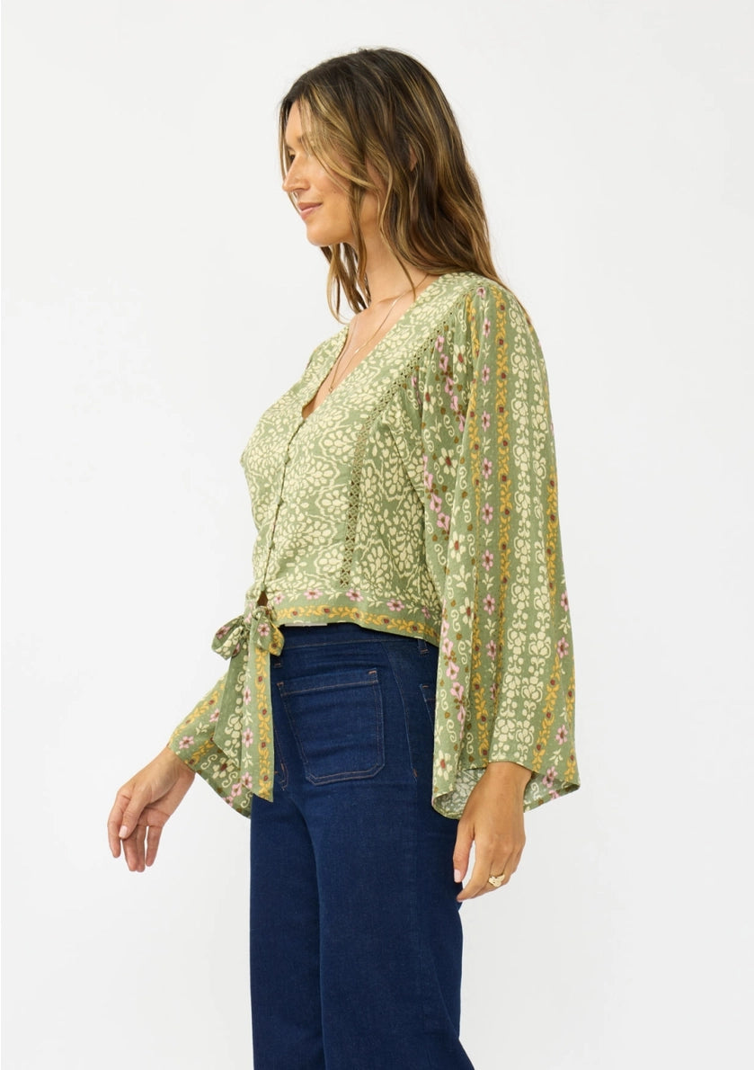 LOVESTITCH V-Neck Button-Down Tie Front Wide Sleeve Blouse w/ Lace Trim
