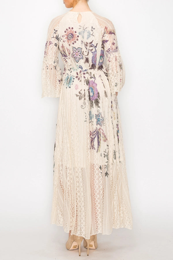 ORIGAMI APPAREL Romantic Lace Bell-Sleeved A-Line Midi Dress Embo Fl