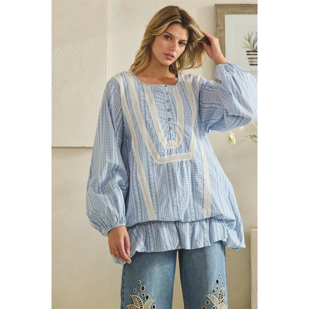 OLI & HALI Washed Gingham Ruffled Hemline Long Sleeve Blouse Top
