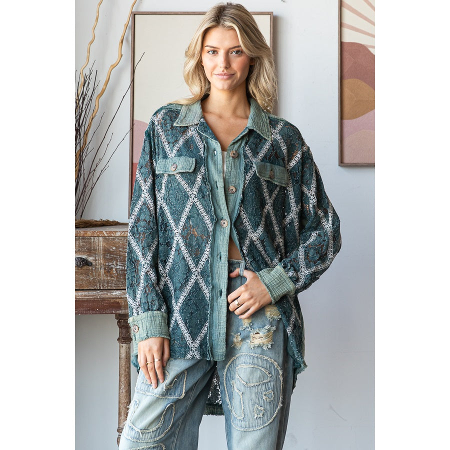 OLI & HALI Mineral Washed Button Down Lace Top