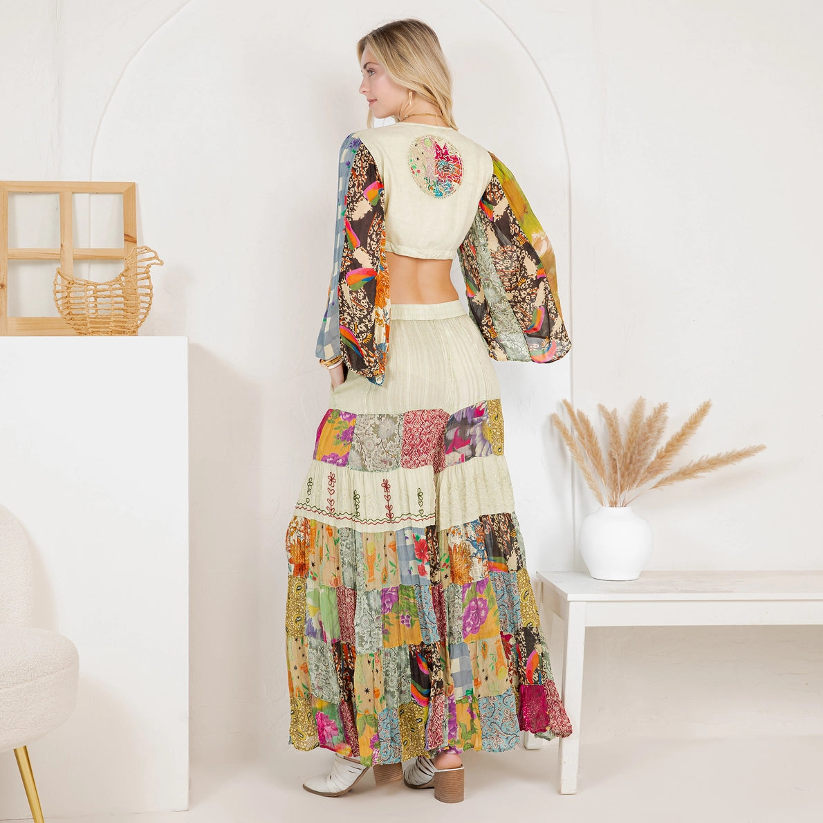 YOUNG THREAD Bohemian Patchwork Set: Tie-Front Top & Flowing Tiered Pants