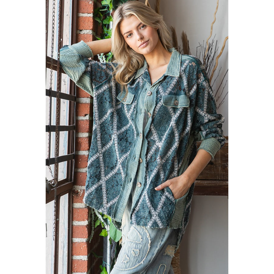 OLI & HALI Mineral Washed Button Down Lace Top