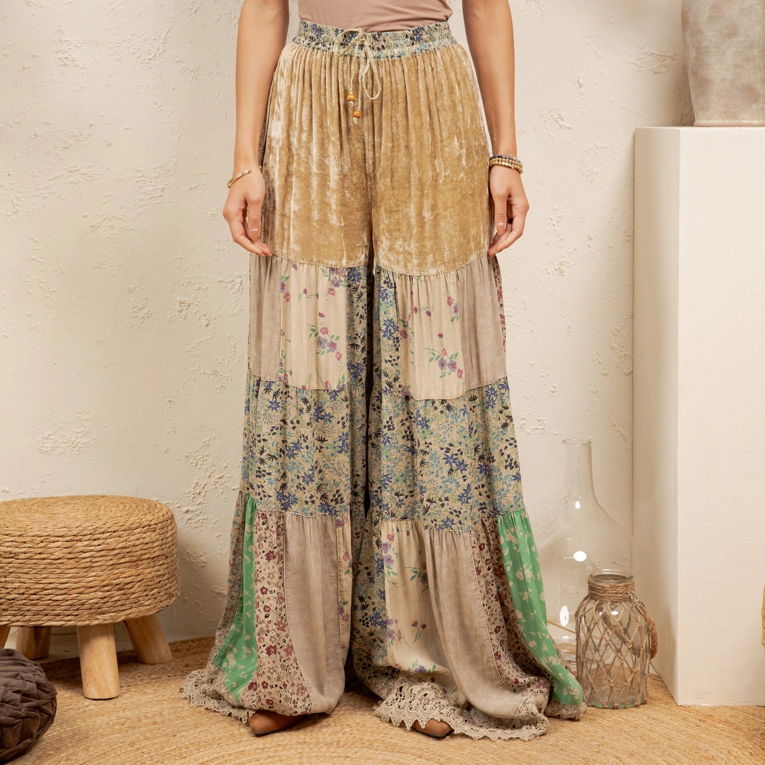 YOUNG THREAD Boho Tiered Patchwork Flare Pant Velvet Drawstring Waist