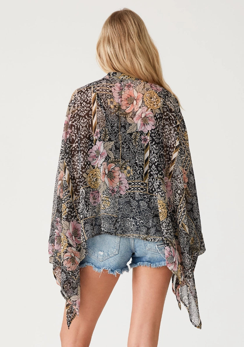 LOVE STITCH Sheer Floral Asymmetric Button Front Blouse