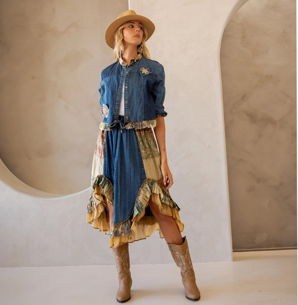 YOUNG THREAD Western Boho Chic: Patchwork Cropped Denim Jacket