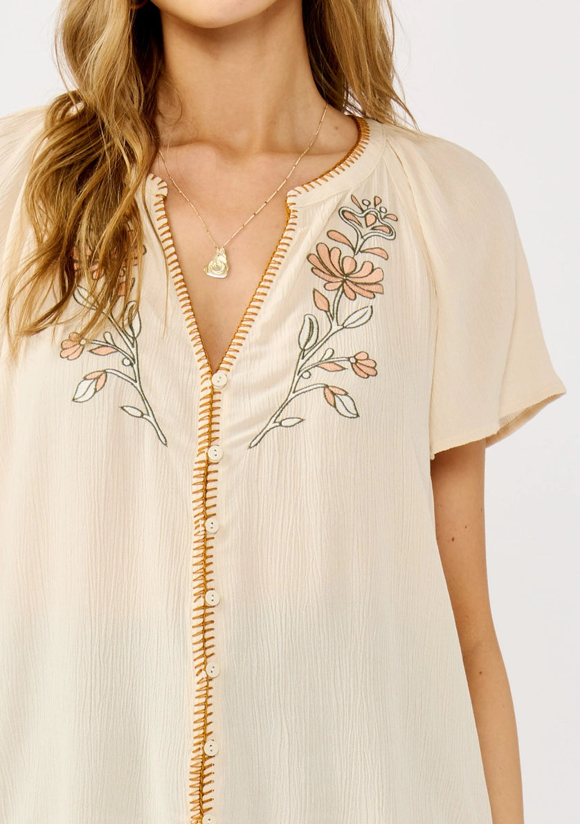 LOVESTITCH Blanket Stitch Embroidered Gauze Top