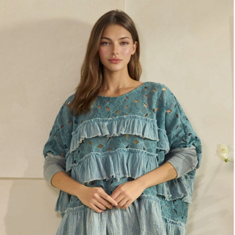 OLI & HALI Washed Eyelet Contrast with Tiered Ruffles Top