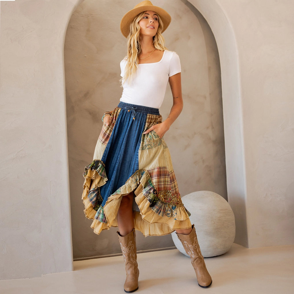 YOUNG THREAD Western Boho Chic: Patchwork Midi Skirt