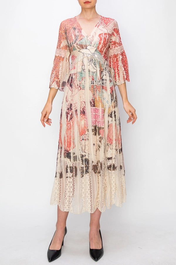 ORIGAMI APPAREL Romantic Lace Bell-Sleeved A-Line Midi Howdy Dress