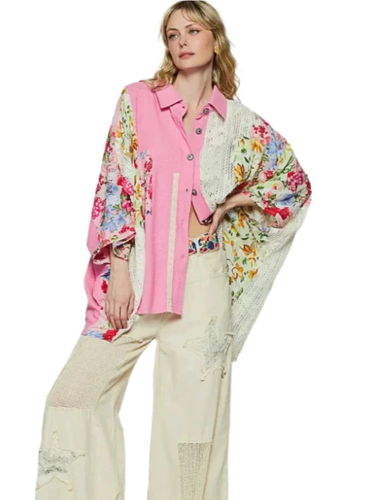 Oversize Long Sleeve Crochet Lace Contrast Top