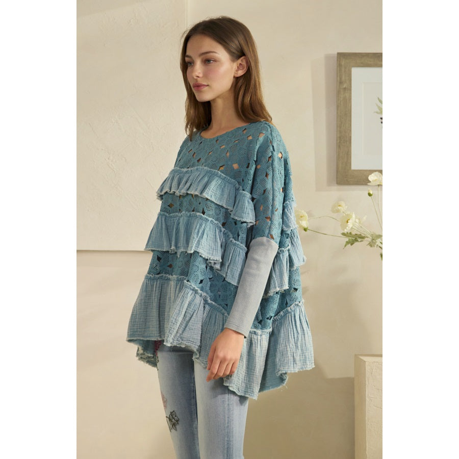 OLI & HALI Washed Eyelet Contrast with Tiered Ruffles Top