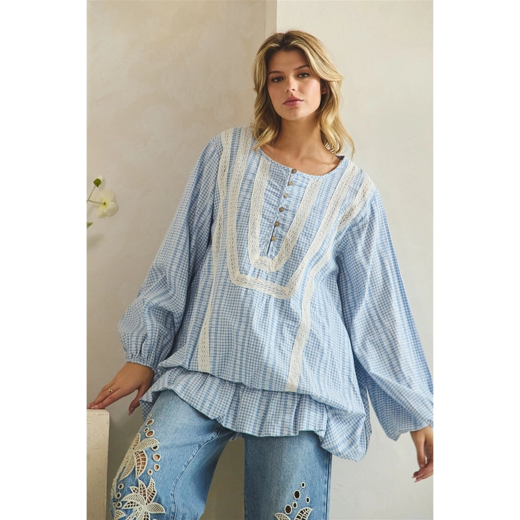 OLI & HALI Washed Gingham Ruffled Hemline Long Sleeve Blouse Top
