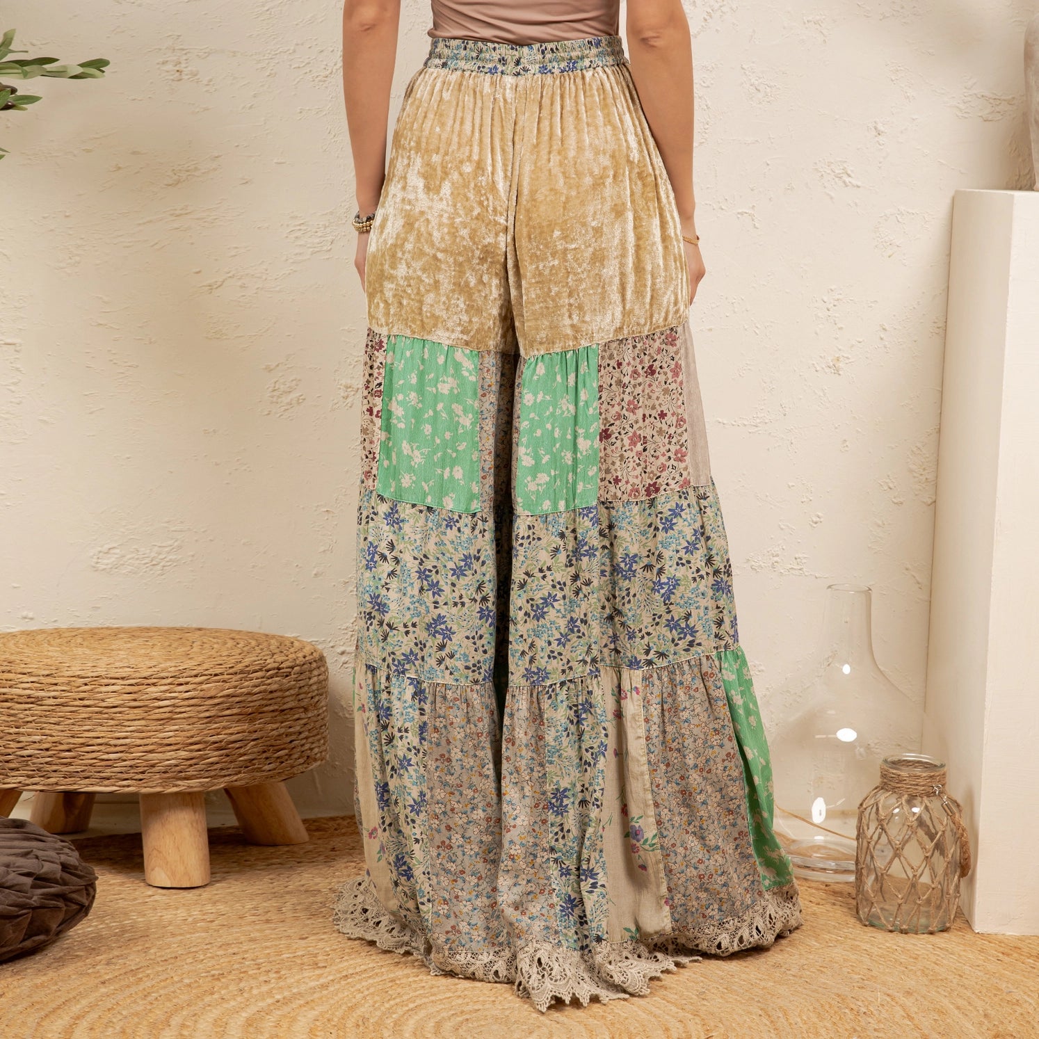 YOUNG THREAD Boho Tiered Patchwork Flare Pant Velvet Drawstring Waist