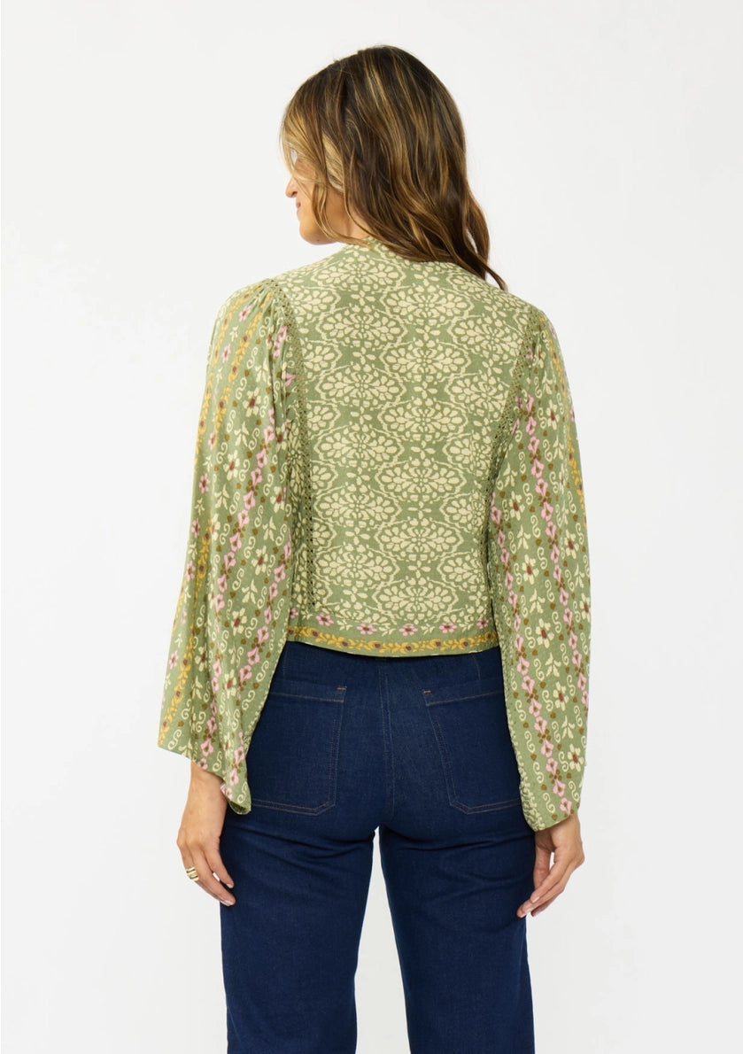 LOVESTITCH V-Neck Button-Down Tie Front Wide Sleeve Blouse w/ Lace Trim