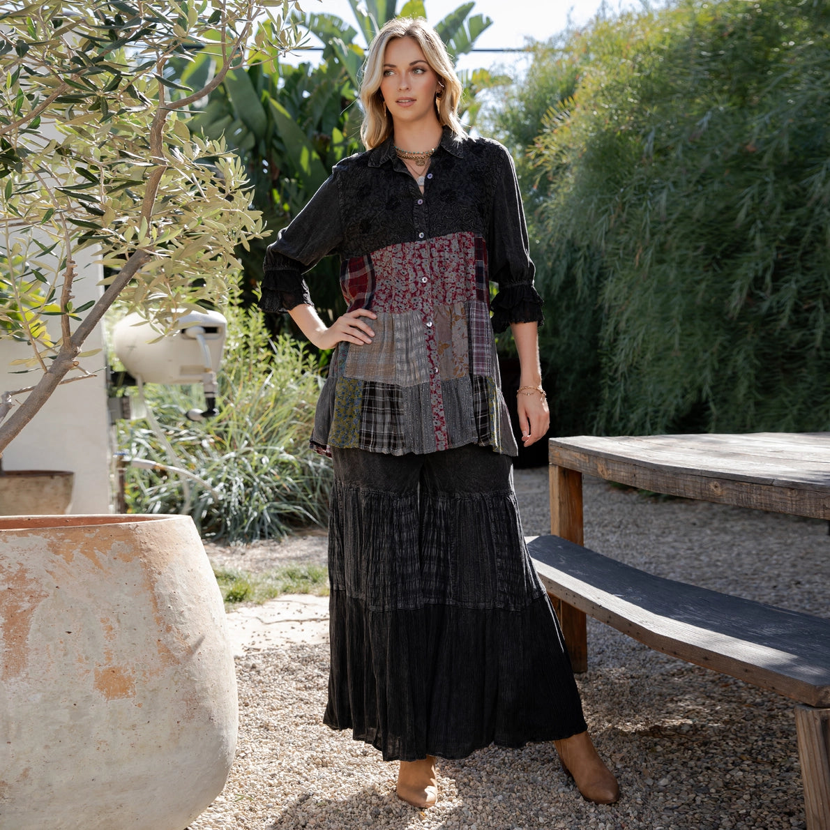 YOUNG THREAD Runway Boho Blouse Top & Mixed Print Pants - 2 Piece Set