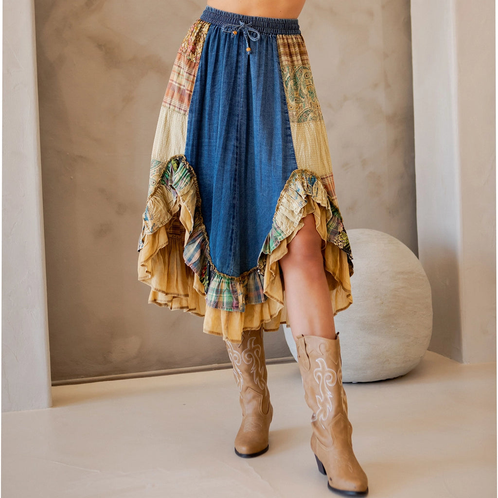 YOUNG THREAD Western Boho Chic: Patchwork Midi Skirt