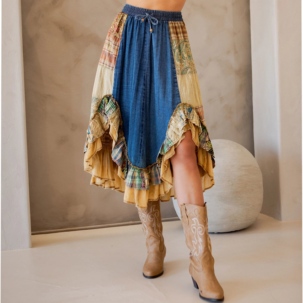 YOUNG THREAD Western Boho Chic: Patchwork Midi Skirt