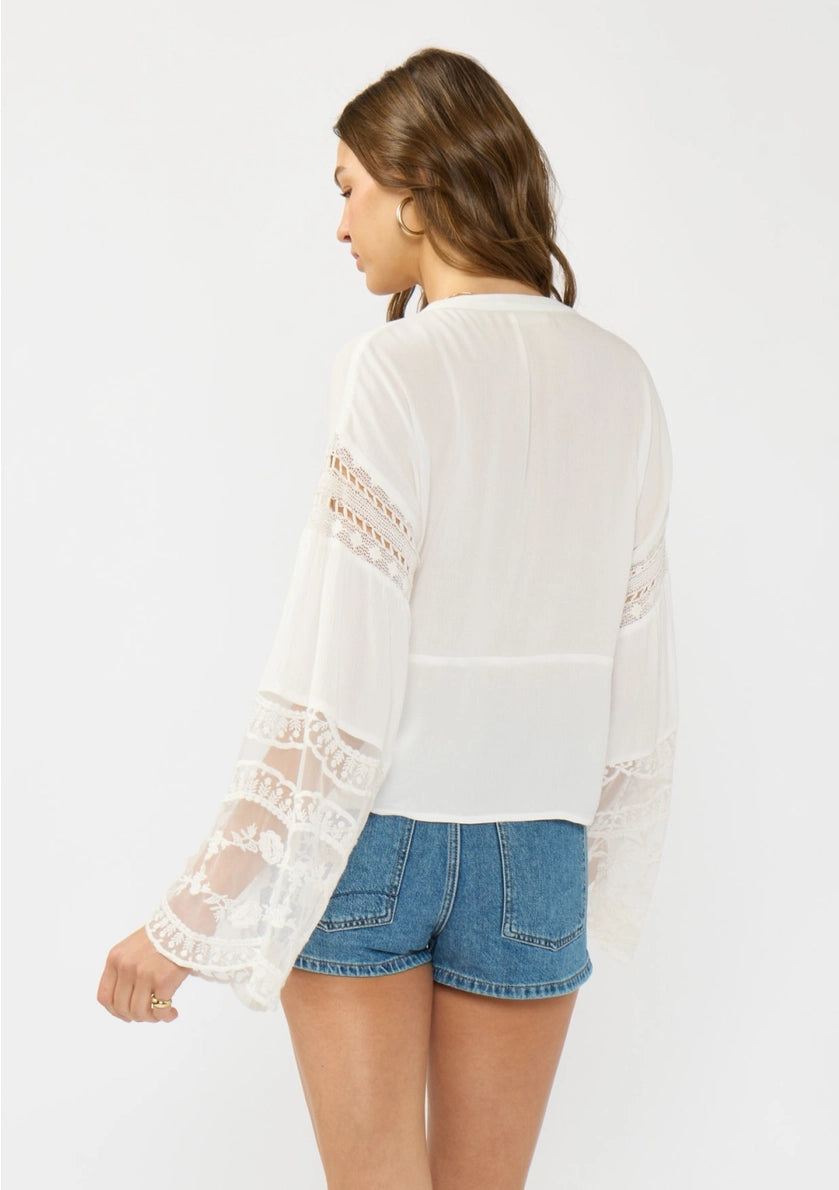 LOVE STITCH Drop Shoulder Patchwork Lace Bell Sleeve Blouse