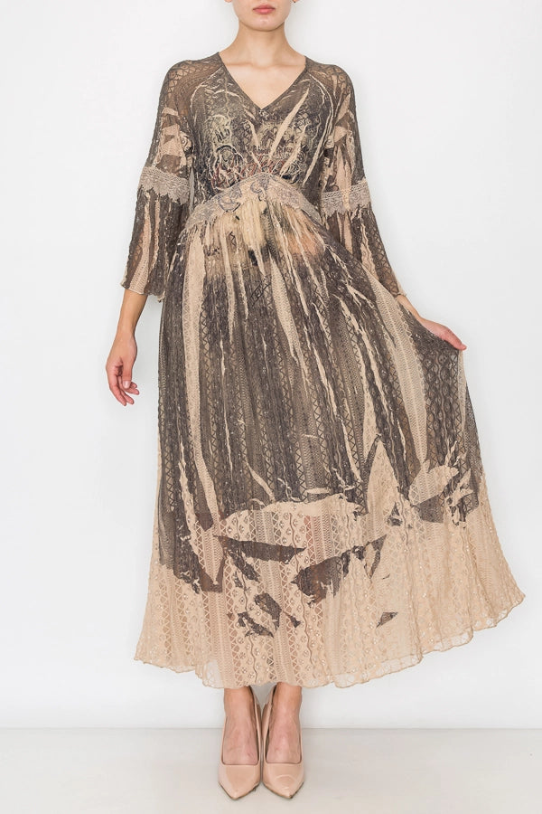 ORIGAMI APPAREL Romantic Lace Bell-Sleeved Midi Rodeo Dress