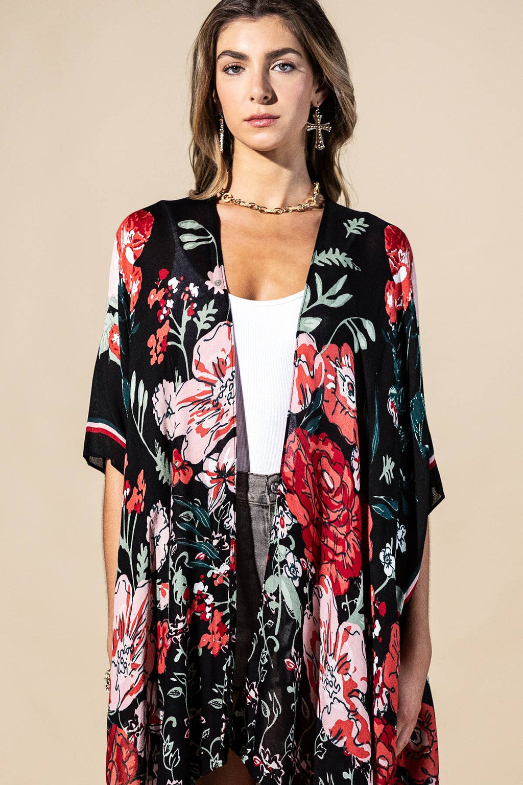 Red Flower Garden Viscose Kimono