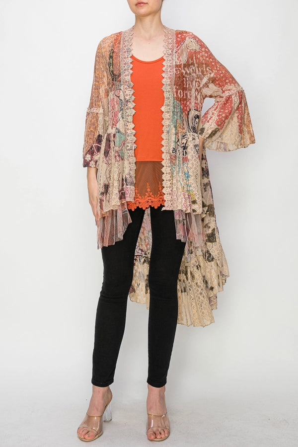 ORIGAMI & APPAREL Ethereal Lace Tiered High-Low Kimono Cardigan Taupe/Howdy