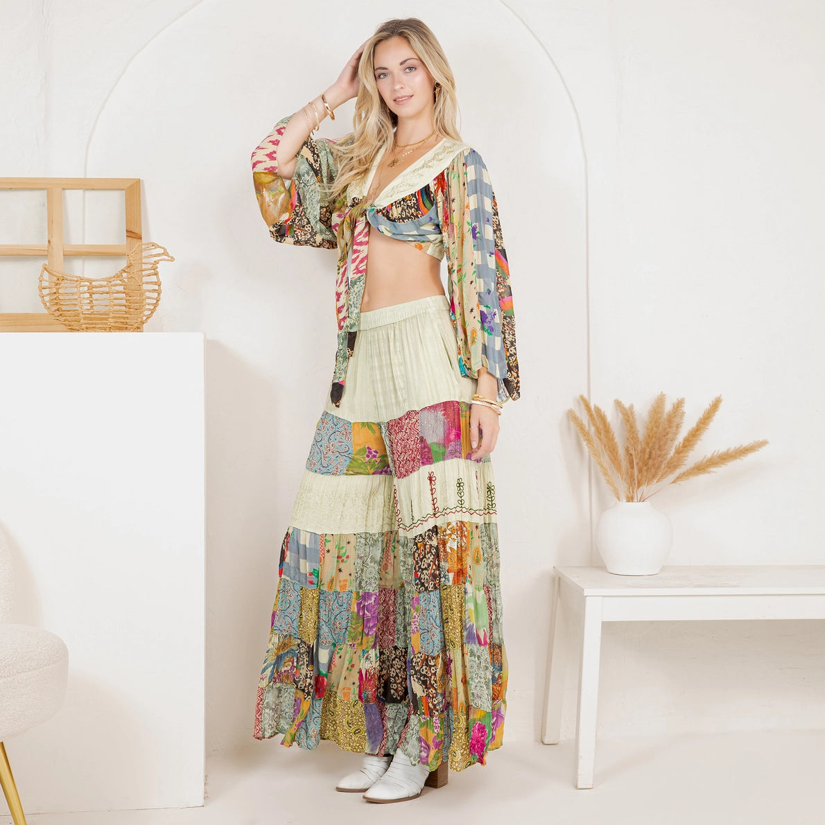 YOUNG THREAD Bohemian Patchwork Set: Tie-Front Top & Flowing Tiered Pants