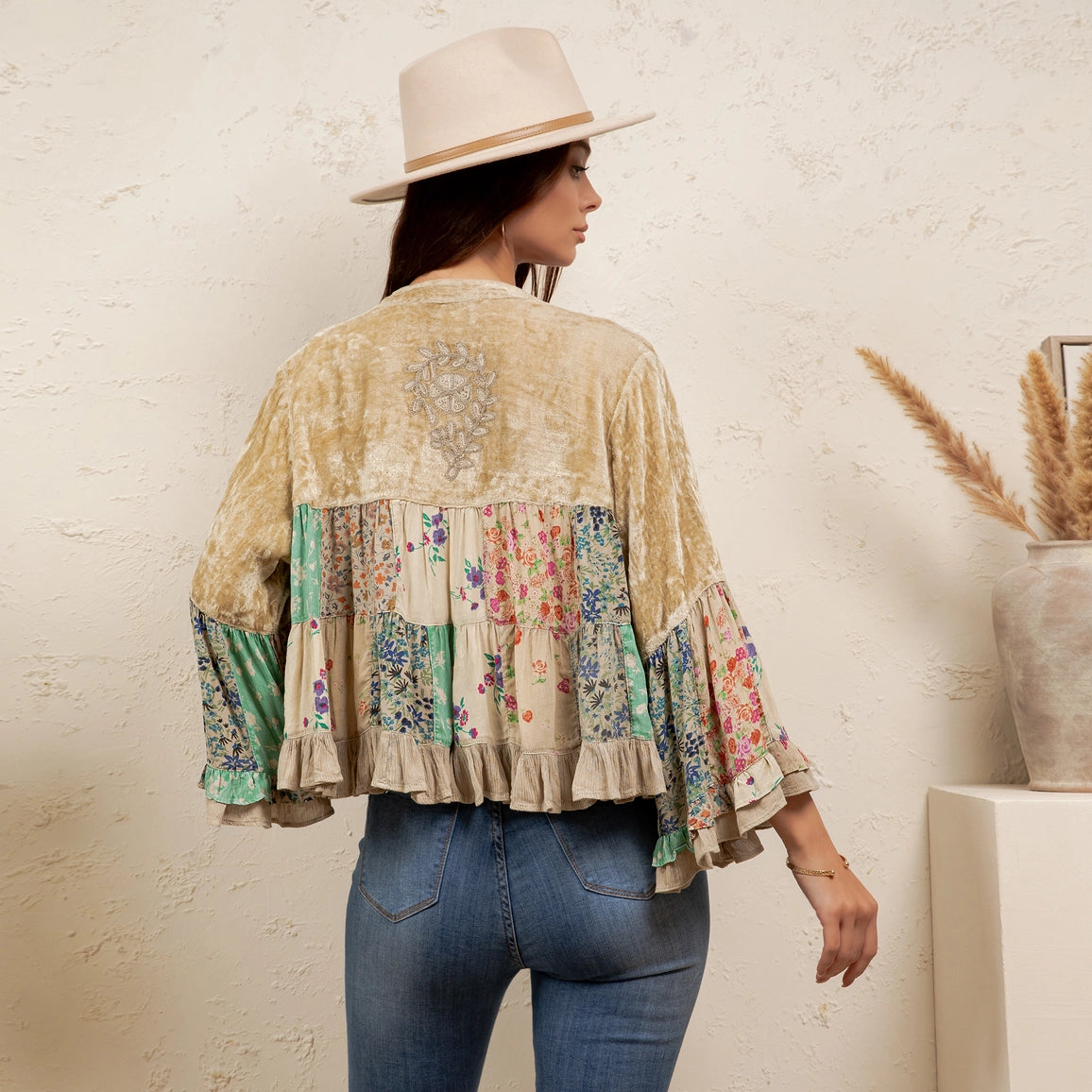 YOUNG THREAD Vintage Floral Patchwork Cropped Shrug - Ruffle Sleeve
