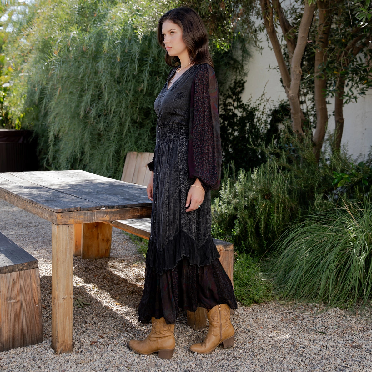 YOUNG THREAD Boho Embroidered Ruffle Maxi Smocked Dress