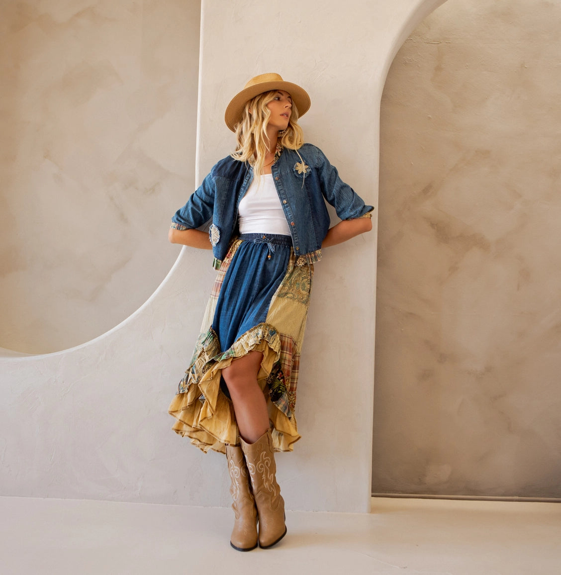 YOUNG THREAD Western Boho Chic: Patchwork Cropped Denim Jacket