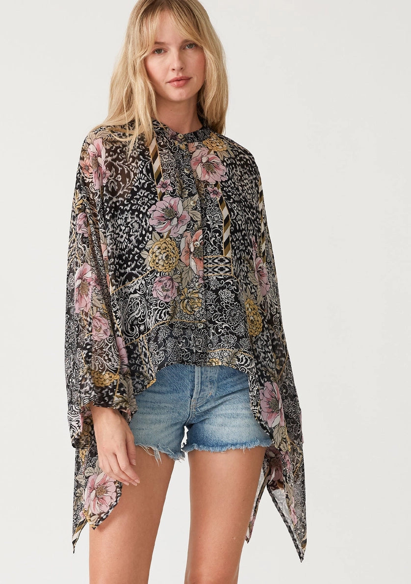 LOVE STITCH Sheer Floral Asymmetric Button Front Blouse