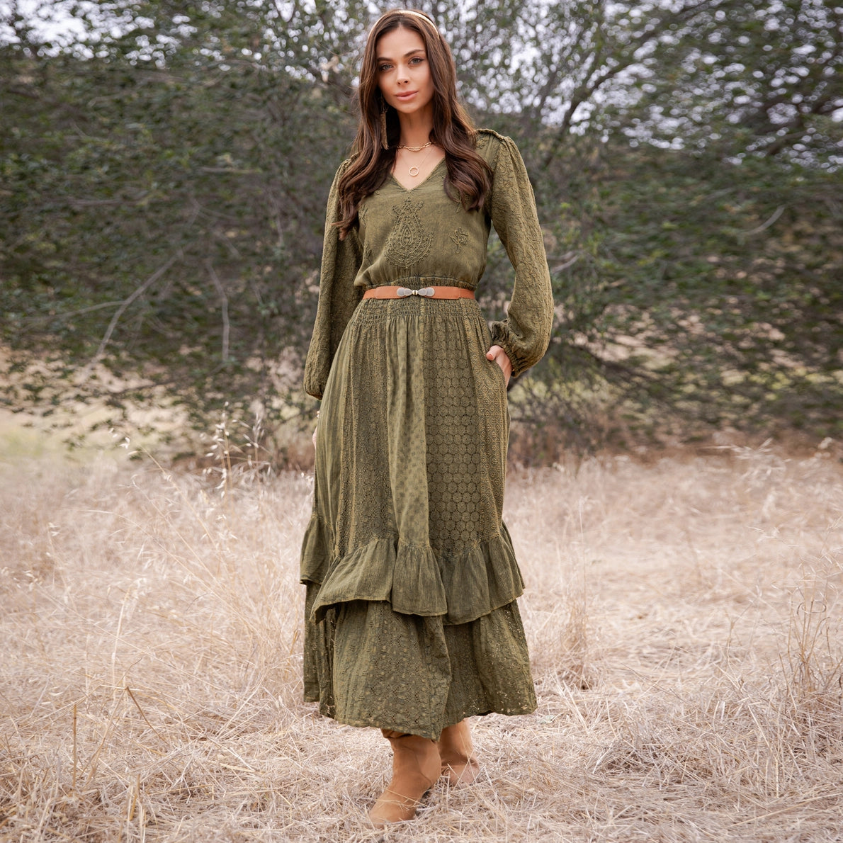 YOUNG THREAD Boho Embroidered Smocked Waist Ruffle Hem Maxi Dress