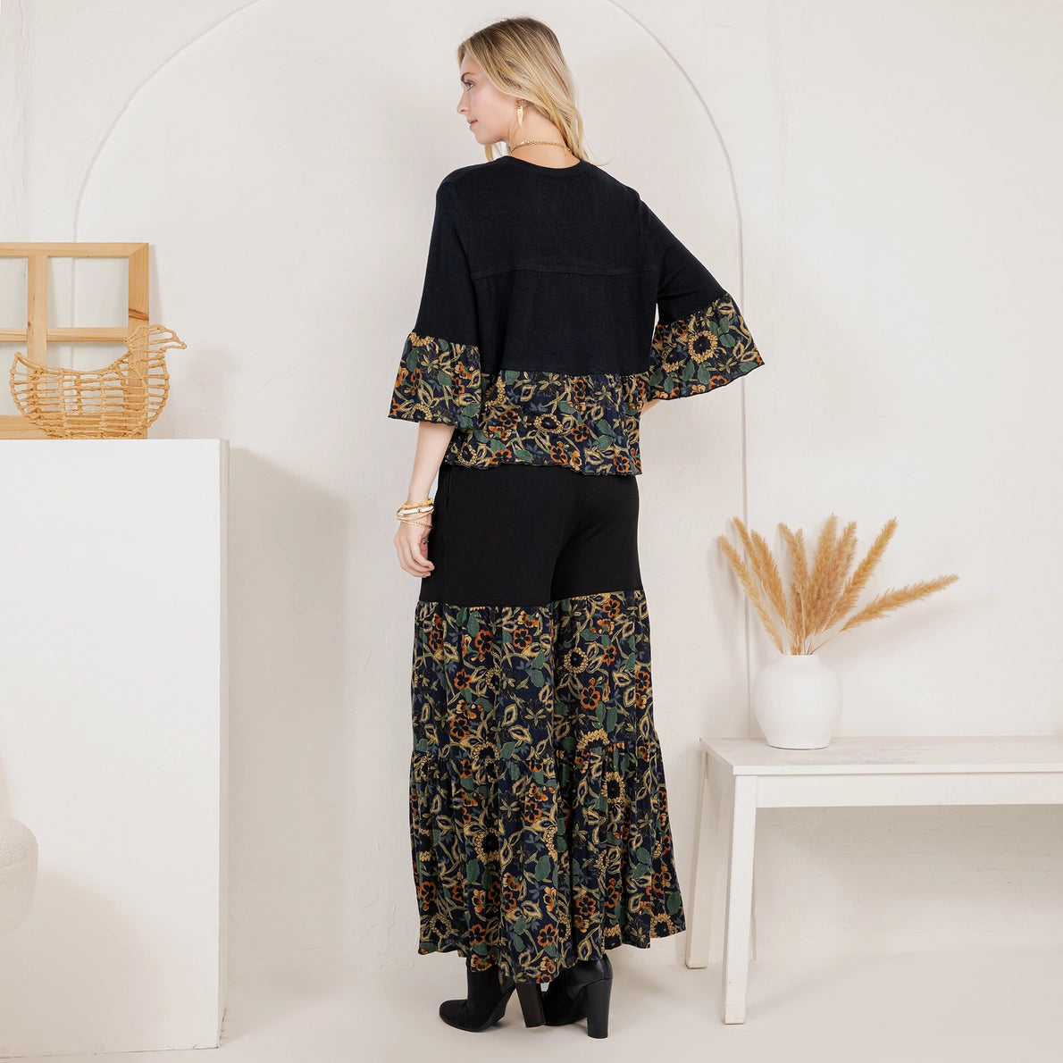 YOUNG THREAD Chic Boho Set: Sweater Jhabla & Mixed Print Drape Pants