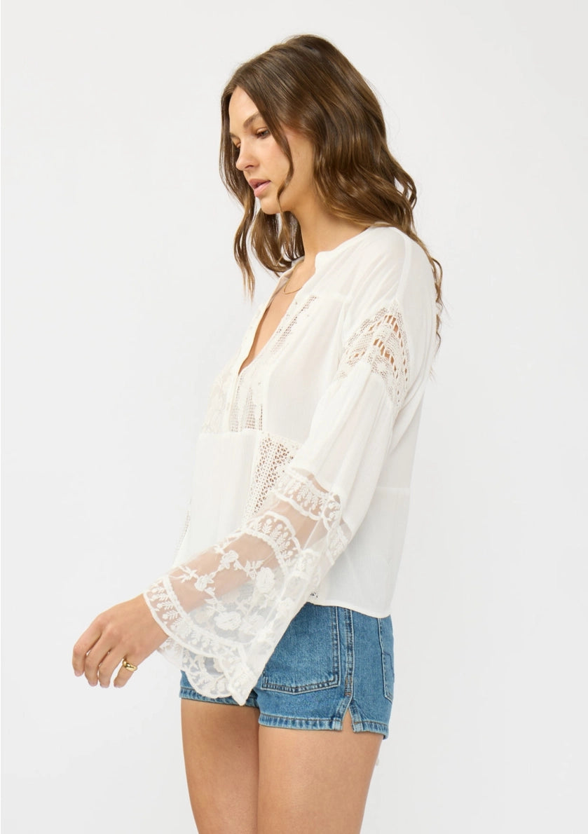 LOVE STITCH Drop Shoulder Patchwork Lace Bell Sleeve Blouse