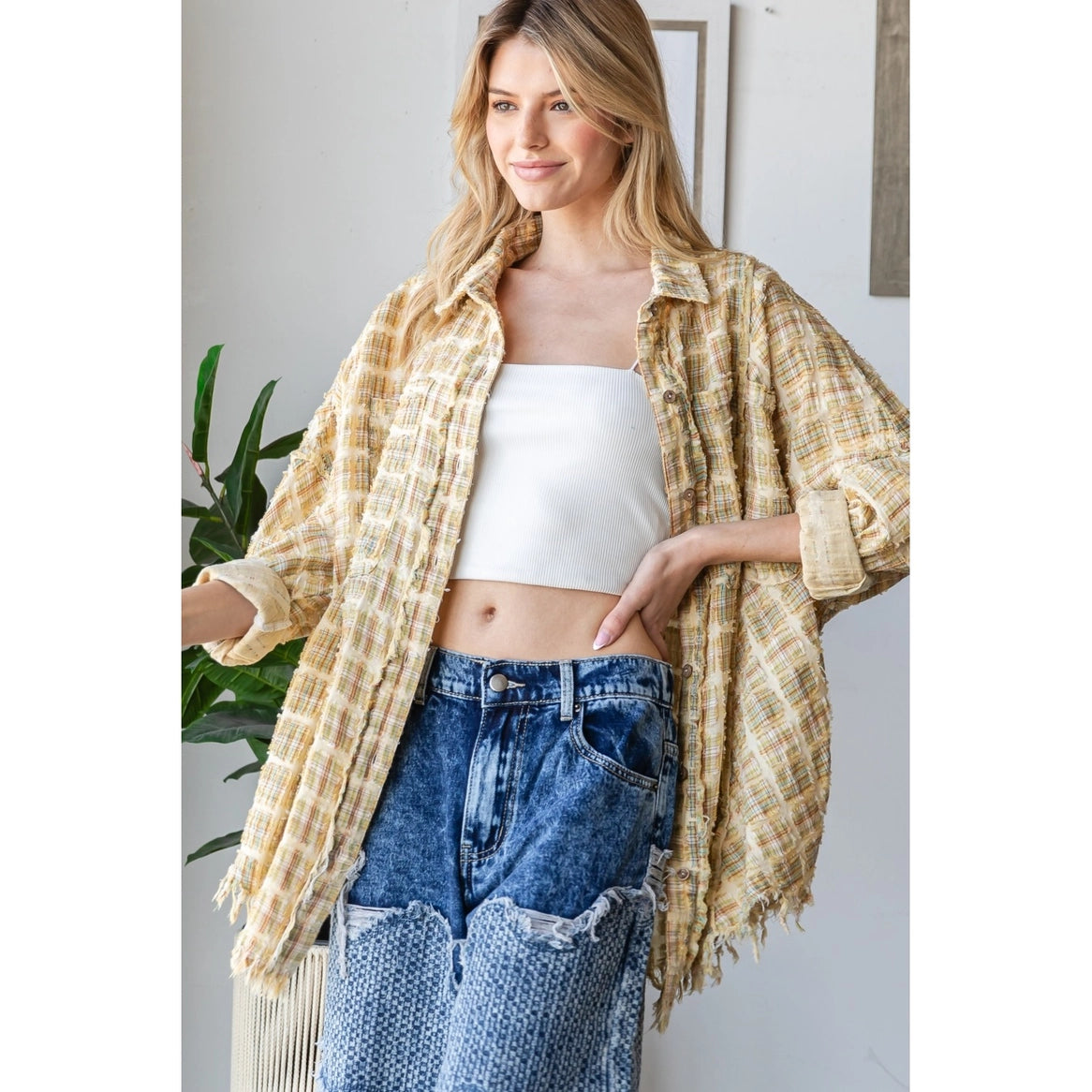 OLI & HALI Washed Plaid Mixed Button Down Shirt Top
